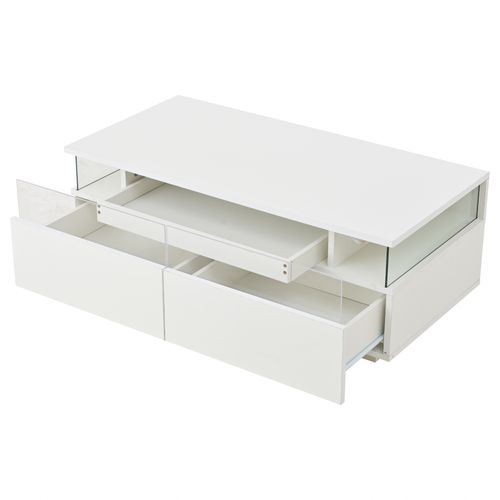 Table Basse Blanche LED Avec Plateau Amovible, 2 Tiroirs, Rangement, Verre Trempé
