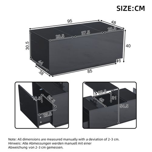Table Basse Noire Relevable Avec 2 Tiroirs, Éclairage LED Et Plateau Réglable