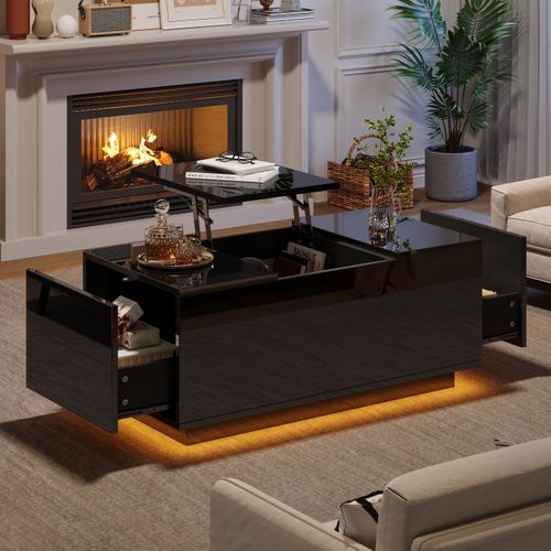 Table Basse Noire Relevable Avec 2 Tiroirs, Éclairage LED Et Plateau Réglable