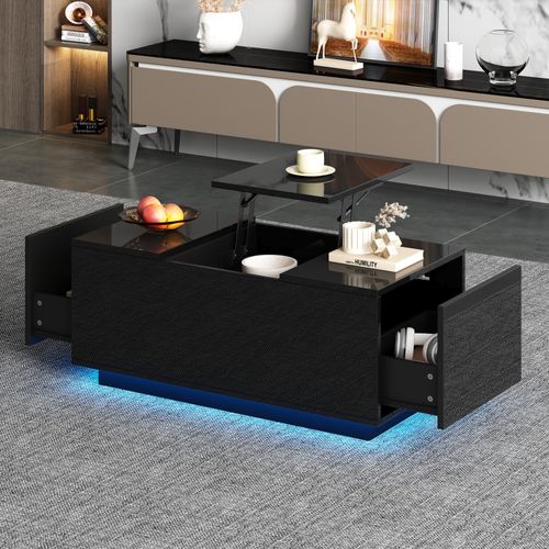 Table Basse Noire Relevable Avec 2 Tiroirs, Éclairage LED Et Plateau Réglable