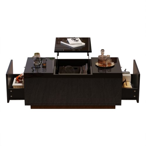 Table Basse Noire Relevable Avec 2 Tiroirs, Éclairage LED Et Plateau Réglable