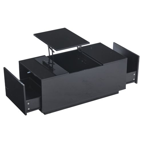 Table Basse Noire Relevable Avec 2 Tiroirs, Éclairage LED Et Plateau Réglable