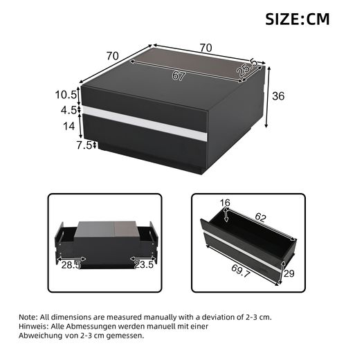 Table Basse Carrée Noire Avec 2 Tiroirs Et Éclairage LED