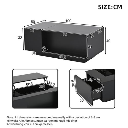 Table Basse Noire Relevable LED Avec Tiroir, Plateau Réglable En Hauteur
