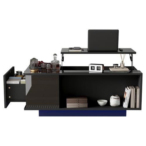 Table Basse Noire Relevable LED Avec Tiroir, Plateau Réglable En Hauteur