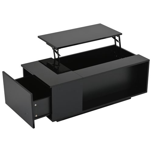 Table Basse Noire Relevable LED Avec Tiroir, Plateau Réglable En Hauteur