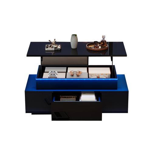 Table Basse Noire Brillante Plateau Relevable Avec Tiroir, Éclairage LED Et Rangement Caché