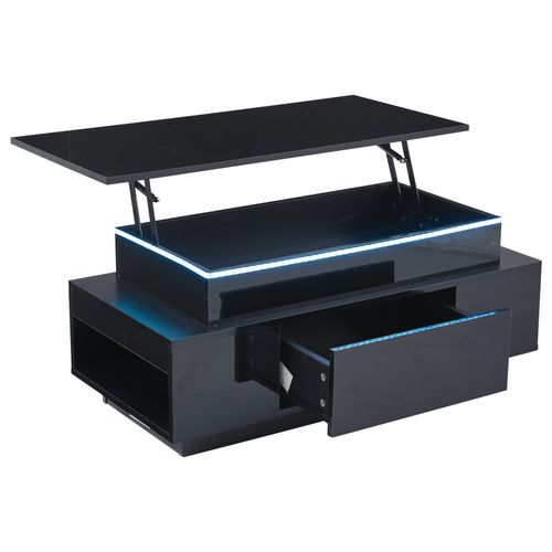 Table Basse Noire Brillante Plateau Relevable Avec Tiroir, Éclairage LED Et Rangement Caché