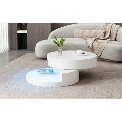 Table Basse Ronde Pivotante Blanche Avec Éclairage LED, 70 x 70 x 35,5 cm