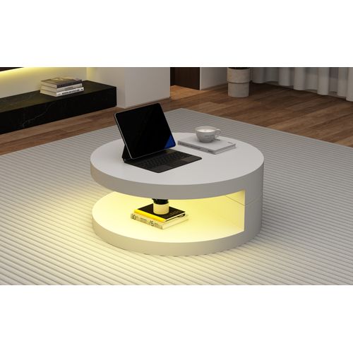 Table Basse Ronde Pivotante Blanche Avec Éclairage LED, 70 x 70 x 35,5 cm