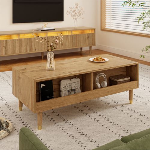 Table Basse Imitation Bois Rectangulaire Avec LED Et 2 Tiroirs