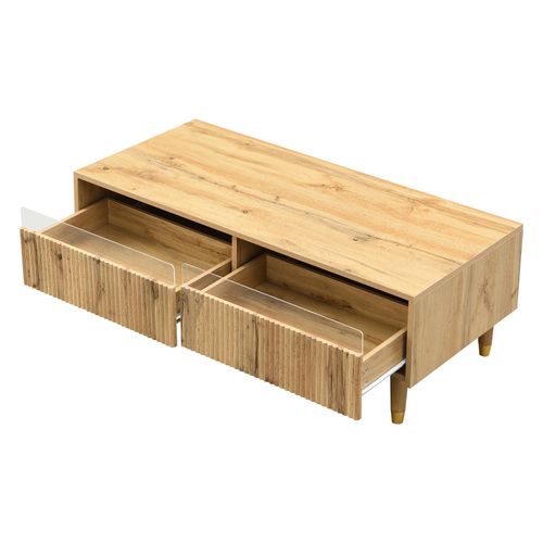 Table Basse Imitation Bois Rectangulaire Avec LED Et 2 Tiroirs