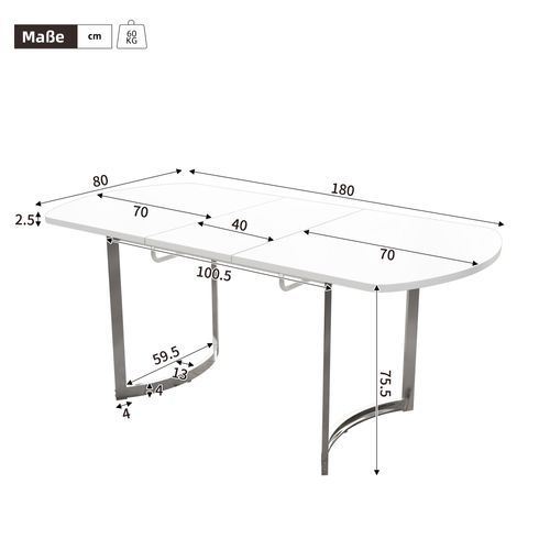 Table à Manger Ovale Extensible Blanche 140-180 Cm, 4 à 6 Personnes, Pieds Argentés