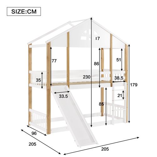 Lit Superposé Enfant 90x200cm Cabane Forme Maison Avec Barrières, Toboggan Et Échelle, Bois Blanc