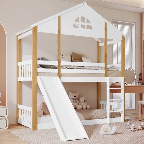 Lit Superposé Enfant 90x200cm Cabane Forme Maison Avec Barrières, Toboggan Et Échelle, Bois Blanc