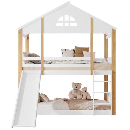 Lit Superposé Enfant 90x200cm Cabane Forme Maison Avec Barrières, Toboggan Et Échelle, Bois Blanc