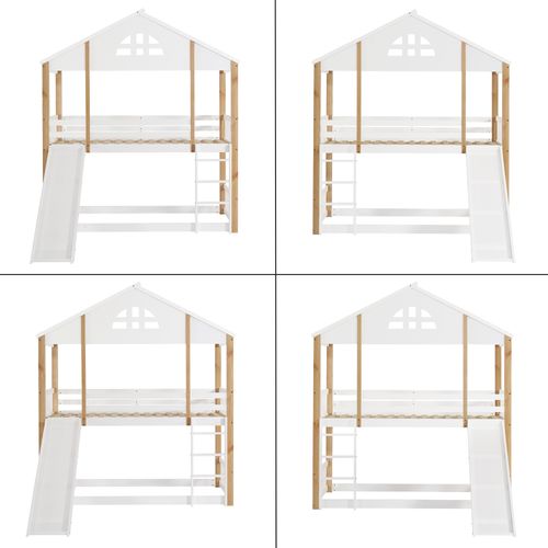 Lit Superposé Enfant 90x200cm Cabane Forme Maison Avec Barrières, Toboggan Et Échelle, Bois Blanc
