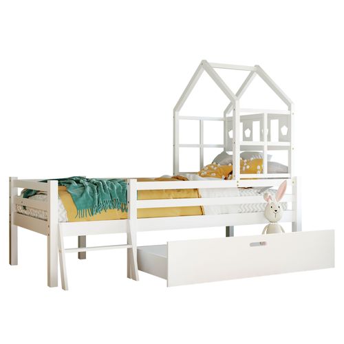 Lit Cabane Enfant 90x200cm Mi-haut Avec Échelle Sécurisée Et Tiroir De Rangement, En Bois Blanc