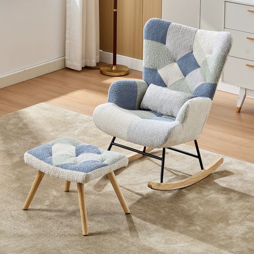 Fauteuil à Bascule, Repose-pieds Tissu Beige + Bleu, Pieds Bois, Structure En Métal, Salon/chambre