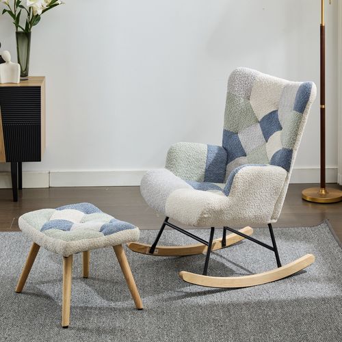 Fauteuil à Bascule, Repose-pieds Tissu Beige + Bleu, Pieds Bois, Structure En Métal, Salon/chambre