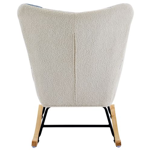 Fauteuil à Bascule, Repose-pieds Tissu Beige + Bleu, Pieds Bois, Structure En Métal, Salon/chambre