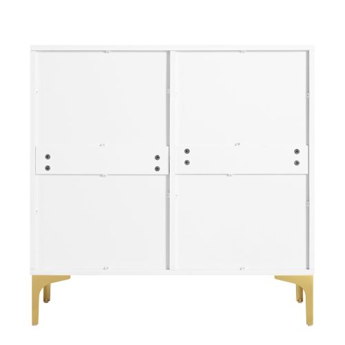 Buffet De Salon Avec 2 Portes Et 2 Tiroirs, Poignées Et Pieds En Métal Doré, Blanc