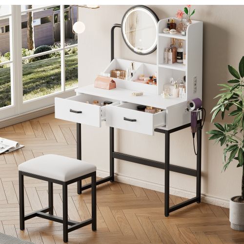 Coiffeuse Avec Tabouret, LED, Miroir Rotatif Et Prises, 2 Tiroirs, Pieds En Métal Noir, Blanc