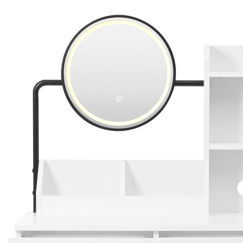 Coiffeuse Avec Tabouret, LED, Miroir Rotatif Et Prises, 2 Tiroirs, Pieds En Métal Noir, Blanc