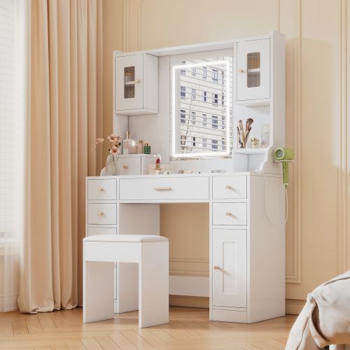 Coiffeuse Blanche Avec LED Réglable Et Prise Électrique, Miroir, 6 Tiroirs Et 4 Portes, Tabouret