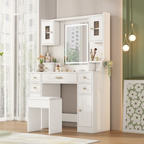 Coiffeuse Blanche Avec LED Réglable Et Prise Électrique, Miroir, 6 Tiroirs Et 4 Portes, Tabouret