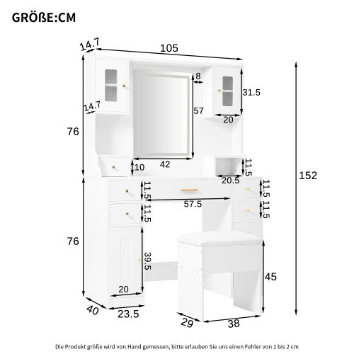 Coiffeuse Blanche Avec LED Réglable Et Prise Électrique, Miroir, 6 Tiroirs Et 4 Portes, Tabouret