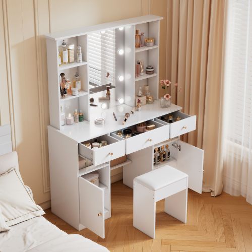 Coiffeuse Blanche Avec Éclairage LED Réglable, Miroir Et Tabouret De Coiffeuse, 3 Tiroirs, 2 Portes