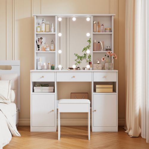 Coiffeuse Blanche Avec Éclairage LED Réglable, Miroir Et Tabouret De Coiffeuse, 3 Tiroirs, 2 Portes