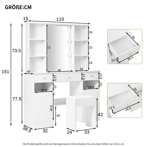 Coiffeuse Blanche Avec Éclairage LED Réglable, Miroir Et Tabouret De Coiffeuse, 3 Tiroirs, 2 Portes