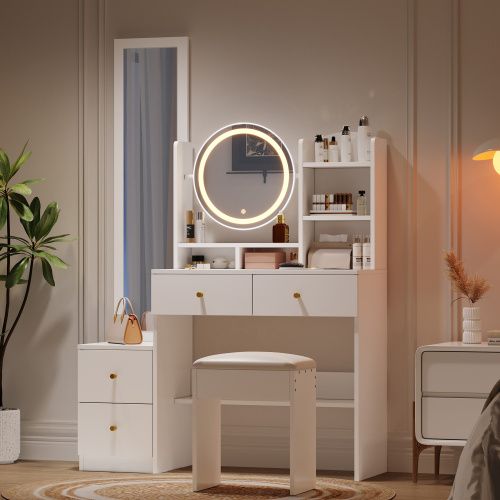 Coiffeuse Blanche Avec LED, 2 Miroirs, 4 Tiroirs, Tabouret, Poignées En Métal, Compartiments