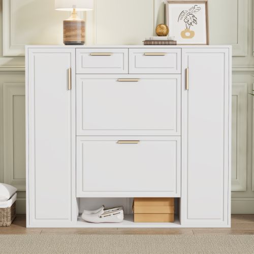 Meuble à Chaussures Blanc Avec 4 Portes Et 2 Tiroirs, Poignées Dorées, Compartiments Ouverts