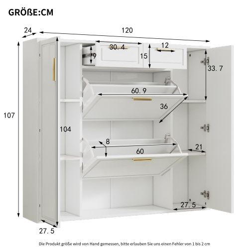 Meuble à Chaussures Blanc Avec 4 Portes Et 2 Tiroirs, Poignées Dorées, Compartiments Ouverts