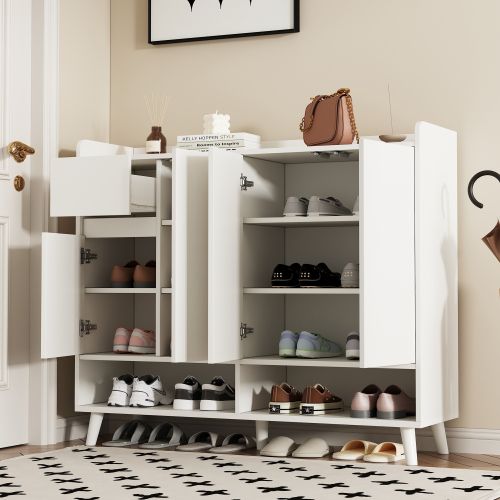Meuble à Chaussures Blanc Avec 1 Tiroir, 4 Portes, Étagères Réglables, Compartiments Ouverts