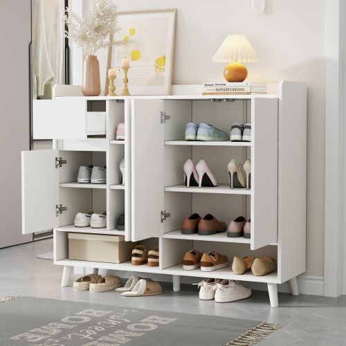 Meuble à Chaussures Blanc Avec 1 Tiroir, 4 Portes, Étagères Réglables, Compartiments Ouverts