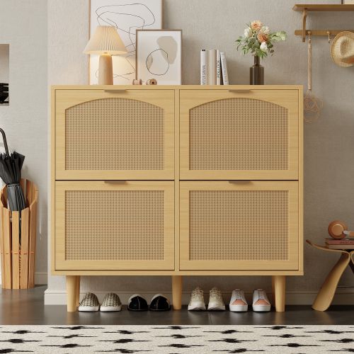 Meuble à Chaussures Chêne Clair Avec 4 Portes En Rotin, Poignées En Métal, Pieds En Bois