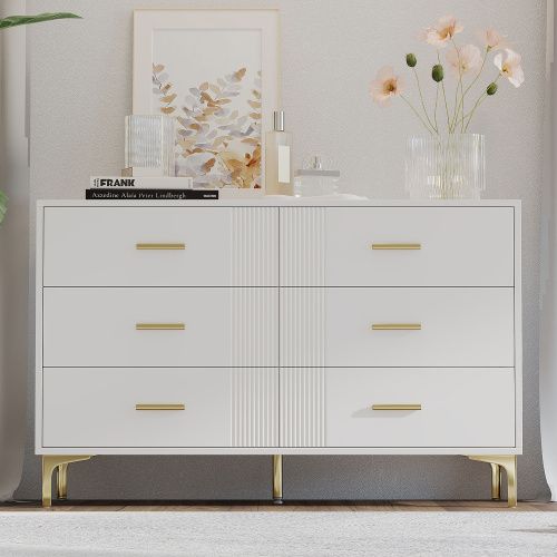 Commode à 6 Tiroirs à rayures verticales Avec Pieds Et Poignées Dorés - 76 x 120 x 40 cm
