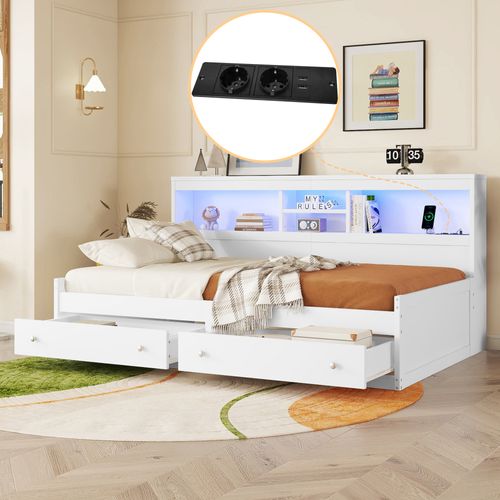 Lit Enfant 90x200 Cm Avec 2 Tiroirs, Prises USB, LED, Rangement, Mdf Blanc