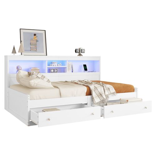 Lit Enfant 90x200 Cm Avec 2 Tiroirs, Prises USB, LED, Rangement, Mdf Blanc