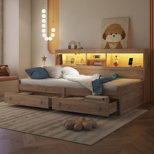 Lit Enfant 90x200 Cm Avec 2 Tiroirs, Prises USB, LED, Rangement, Canapé-lit Mdf Bois