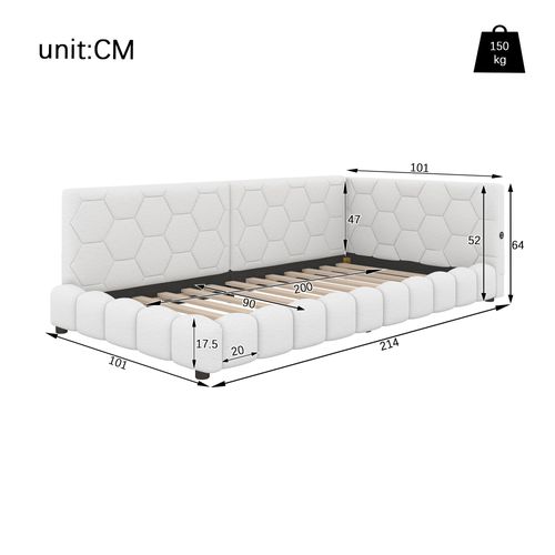 Lit Enfant Blanc 90x200 Cm LED, Canapé-lit Avec Sommier, En Tissu Bouclé
