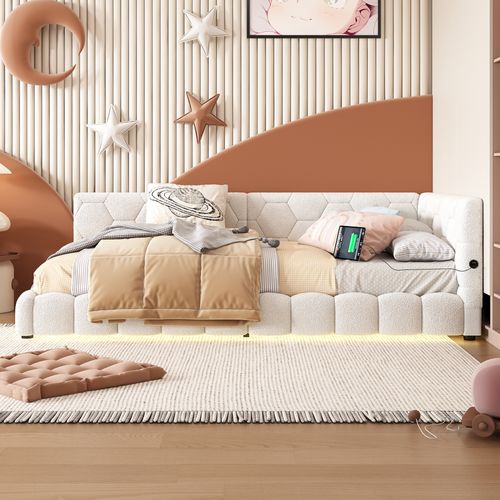 Lit Enfant Blanc 90x200 Cm LED, Canapé-lit Avec Sommier, En Tissu Bouclé