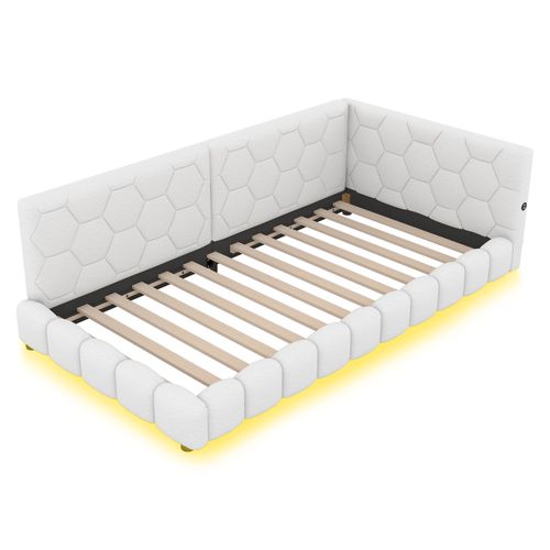 Lit Enfant Blanc 90x200 Cm LED, Canapé-lit Avec Sommier, En Tissu Bouclé