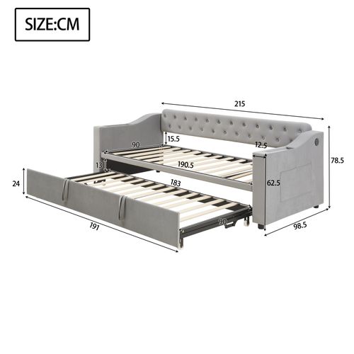 Lit Gigogne Extensible 90/180x190 Cm Avec Ports De Charge, Canapé-lit Avec Rangement, Velours Gris