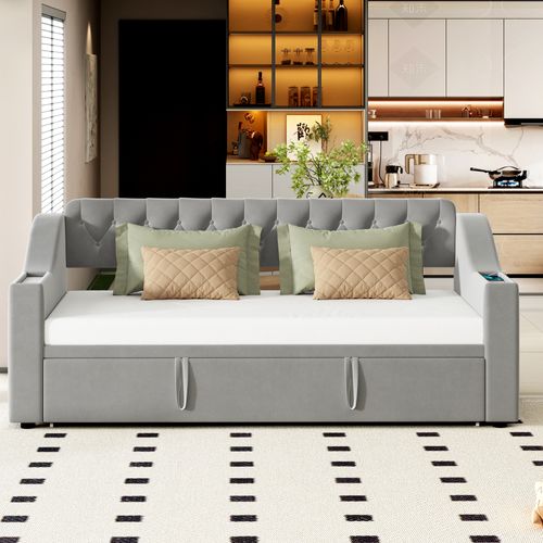 Lit Gigogne Extensible 90/180x190 Cm Avec Ports De Charge, Canapé-lit Avec Rangement, Velours Gris