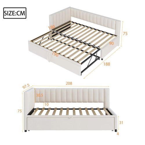 Lit Enfant Gigogne 90x200cm, Lit Extensible En Lit Adulte 180x200cm En Velours Beige